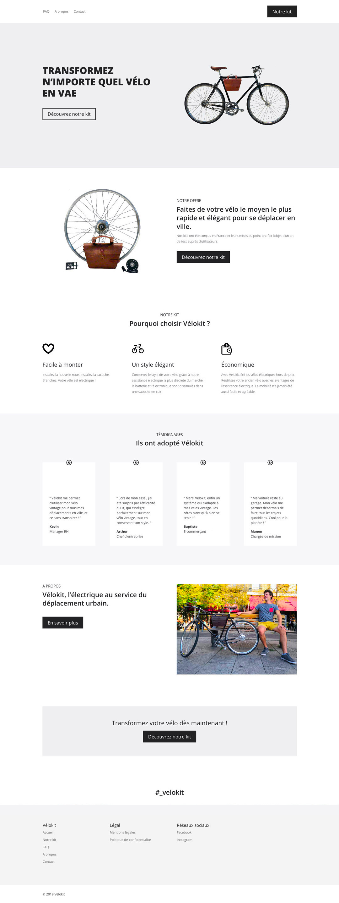 Page d'accueil du site web réalisé pour le compte de la start-up Vélokit.